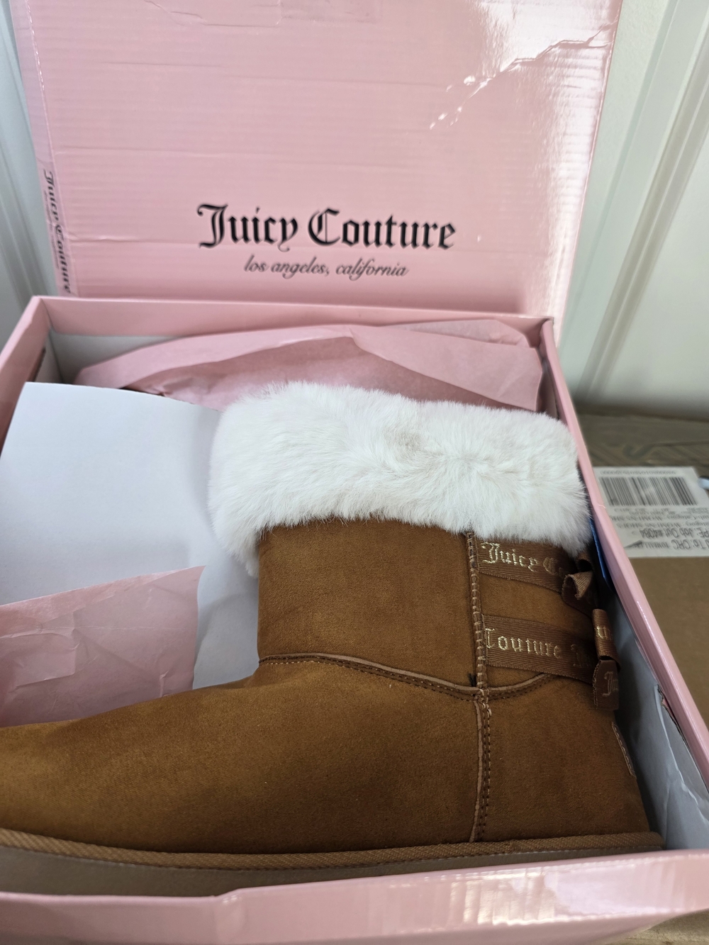 Juicy Couture Women’s Brown Faux-Suede Ankle Jeans Boot with White Faux-Fur Cuff